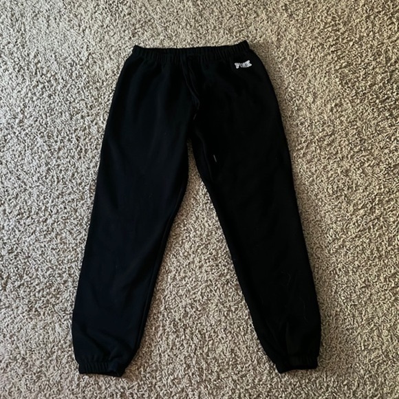 Black Victorias Secret Jogger Sweatpants Pink Logo Fleece Size Small - Picture 1 of 2